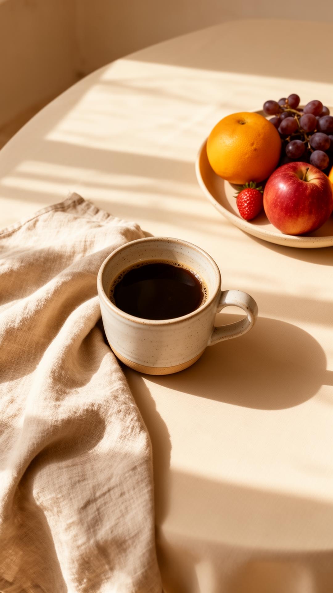 Mañana cálida, café y luz natural